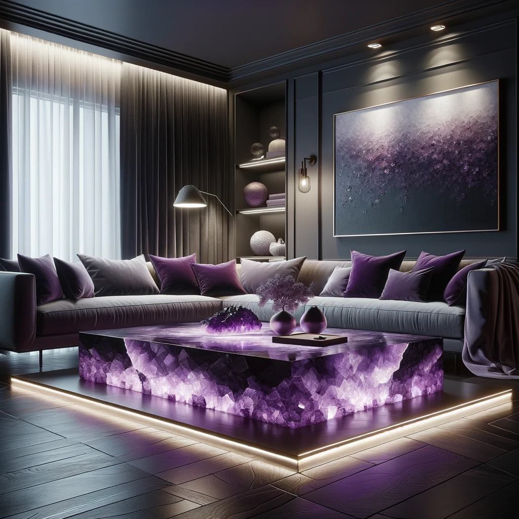 A luxurious living room featuring a large amethyst crystal table, with elegant purple lighting that enhances the rich tones of the room.