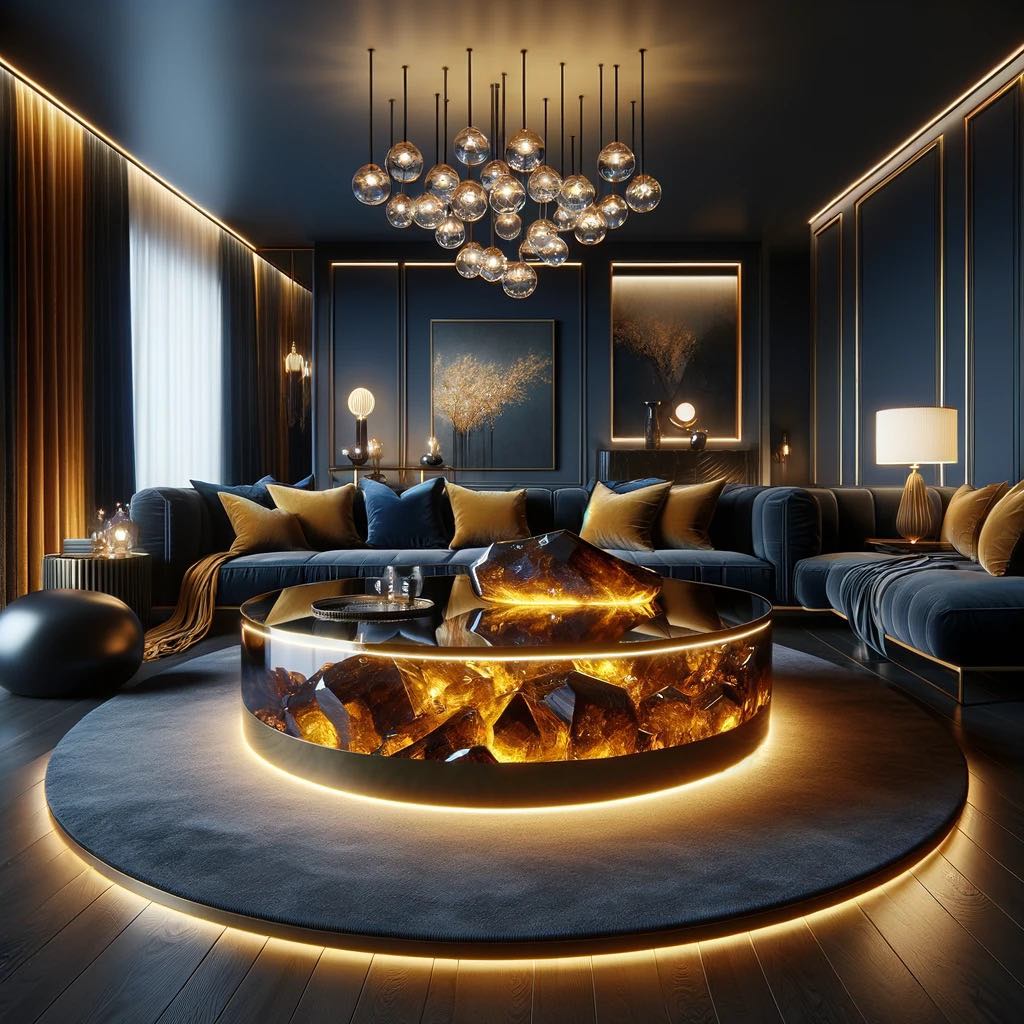 An extravagant living area with a glowing amber crystal table taking centre stage, surrounded by plush navy blue sofas and golden decor accents.