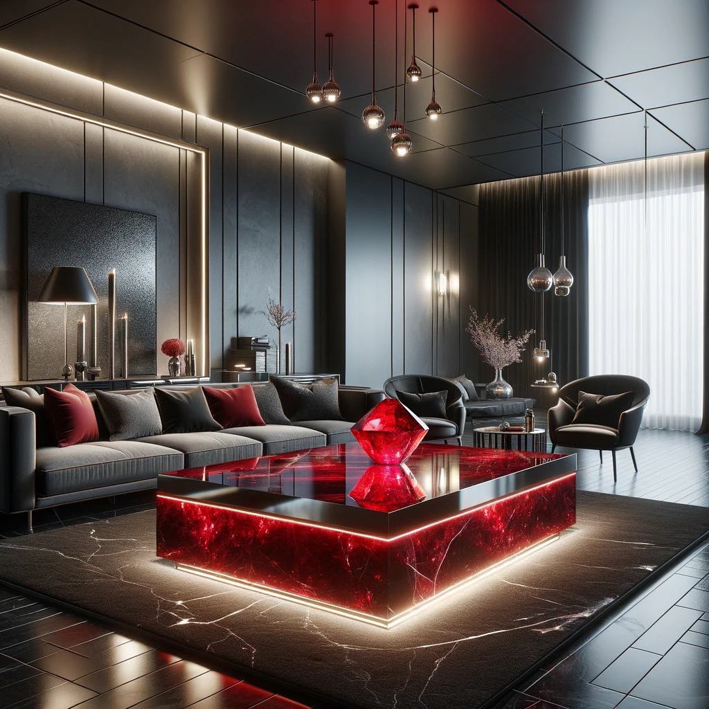 A sleek living room boasting a stunning ruby crystal table with sharp edges, creating a bold statement against the minimalist decor.