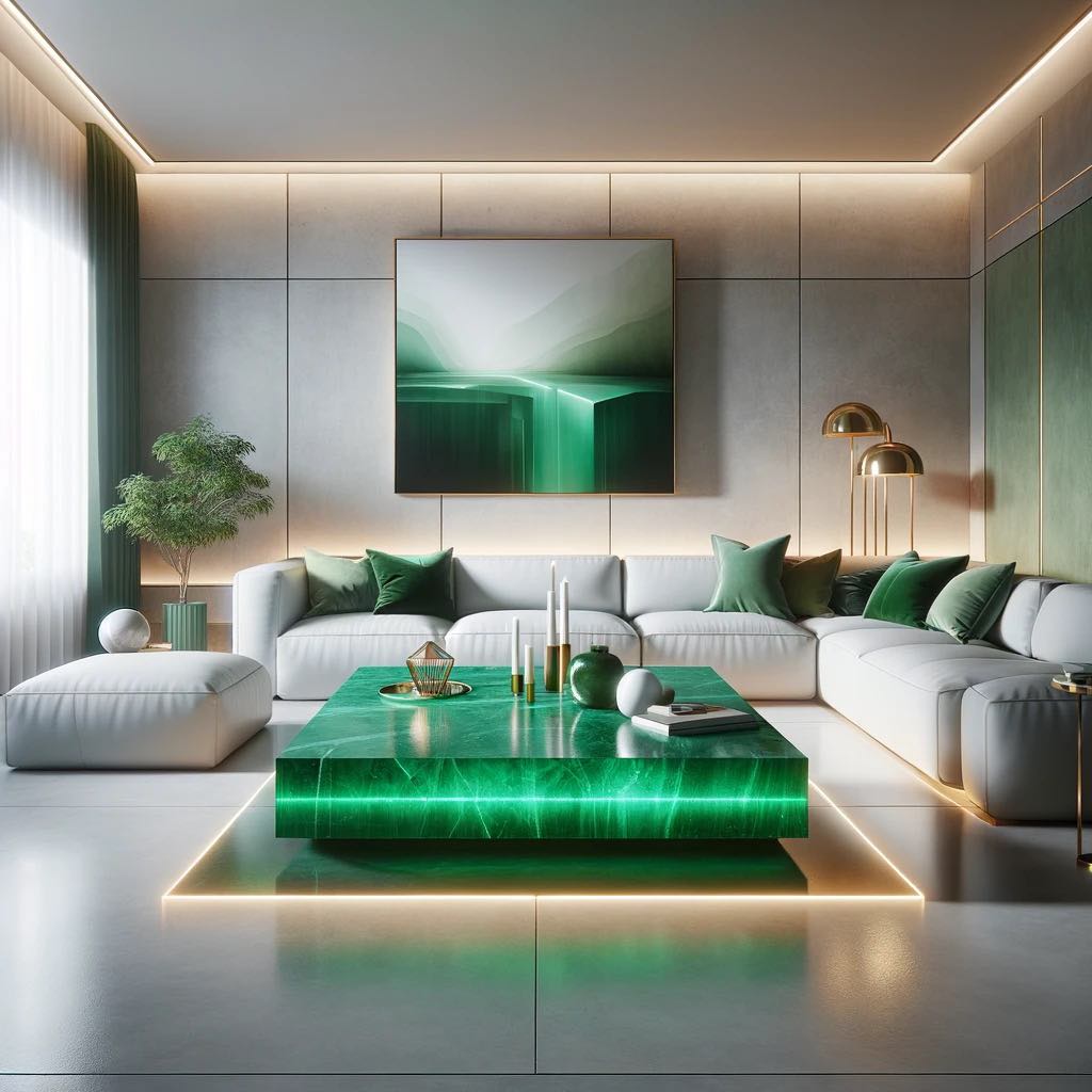 A contemporary living space illuminated by the tranquil green glow of an emerald crystal table, evoking a sense of balance and harmony.