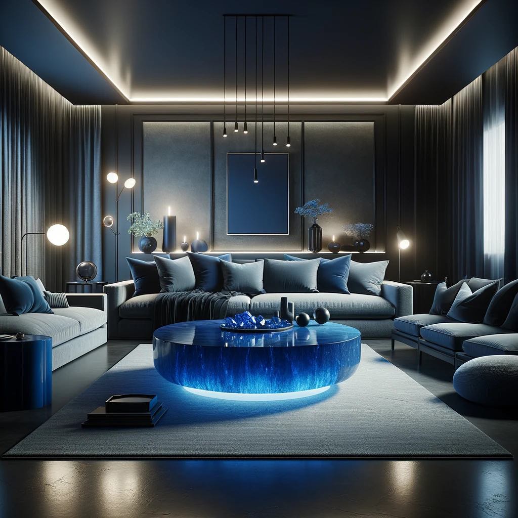 An enchanting blue sapphire crystal table sits at the heart of a modern living room, its glow creating an ambiance of deep tranquillity and elegance.