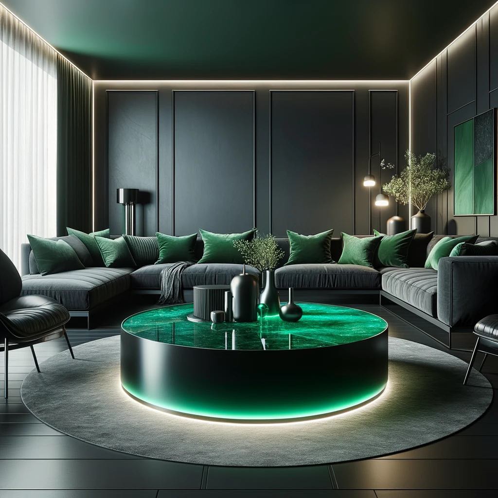 A chic living area graced by the cool luminance of a jadeite crystal table, perfectly blending modern aesthetics with timeless elegance.