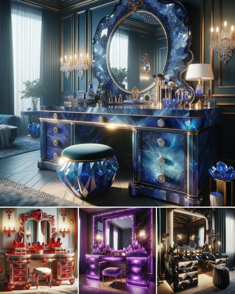 An opulent blue crystal-embellished vanity table and stool set, with a grandiose mirror and gold accents in an elegant interior.