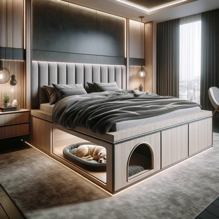 Elegant bedroom with integrated dog bed under a luxurious main bed, reflecting modern design and pet-friendly living