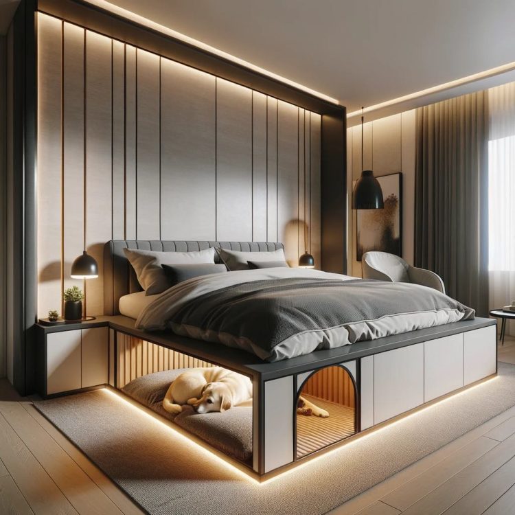 Stylish bedroom merging contemporary design with classic touches, featuring an under-bed dog cubby.