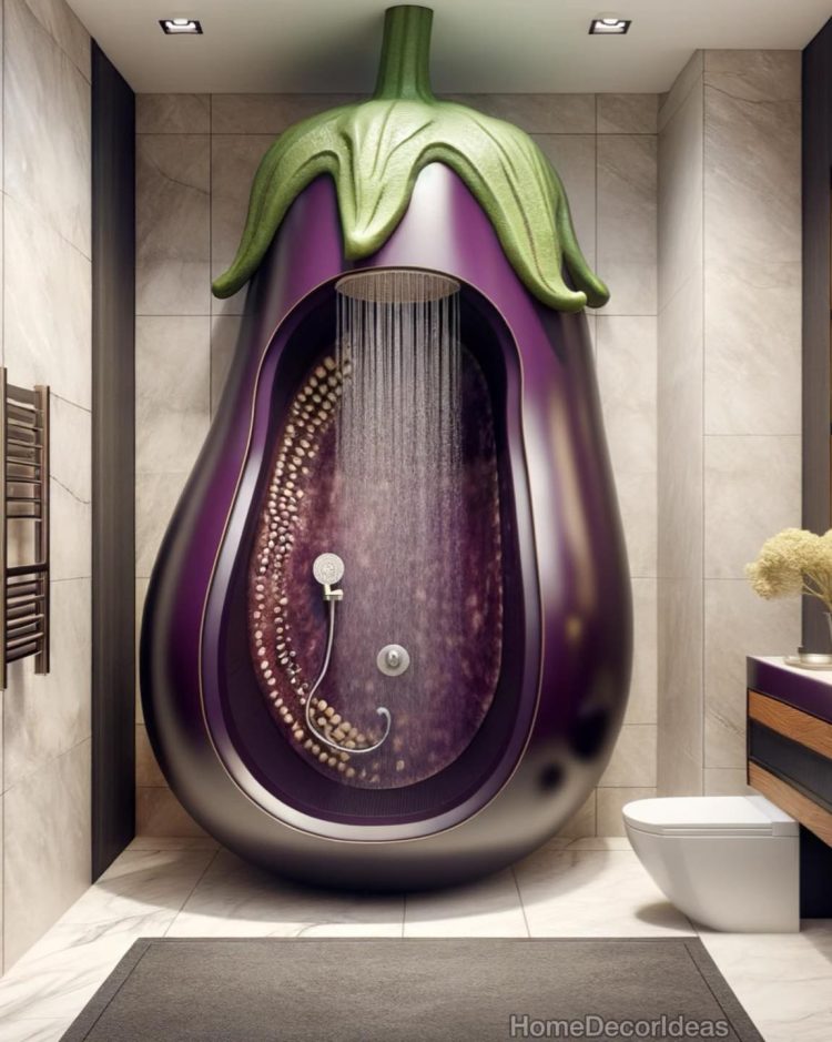 A unique bathroom featuring a shower designed to look like a giant eggplant, with purple and green colours, adding a playful and natural touch to the space.