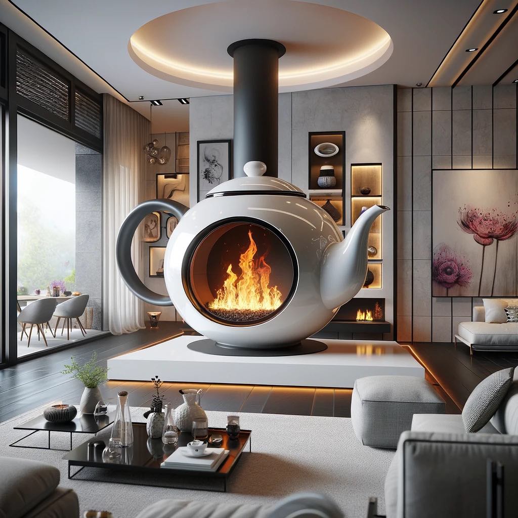 A modern teapot fireplace with sleek lines in a minimalist living room
