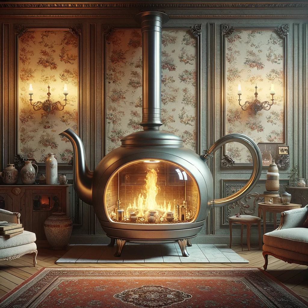 A vintage-style teapot fireplace in a classic room with patterned wallpaper