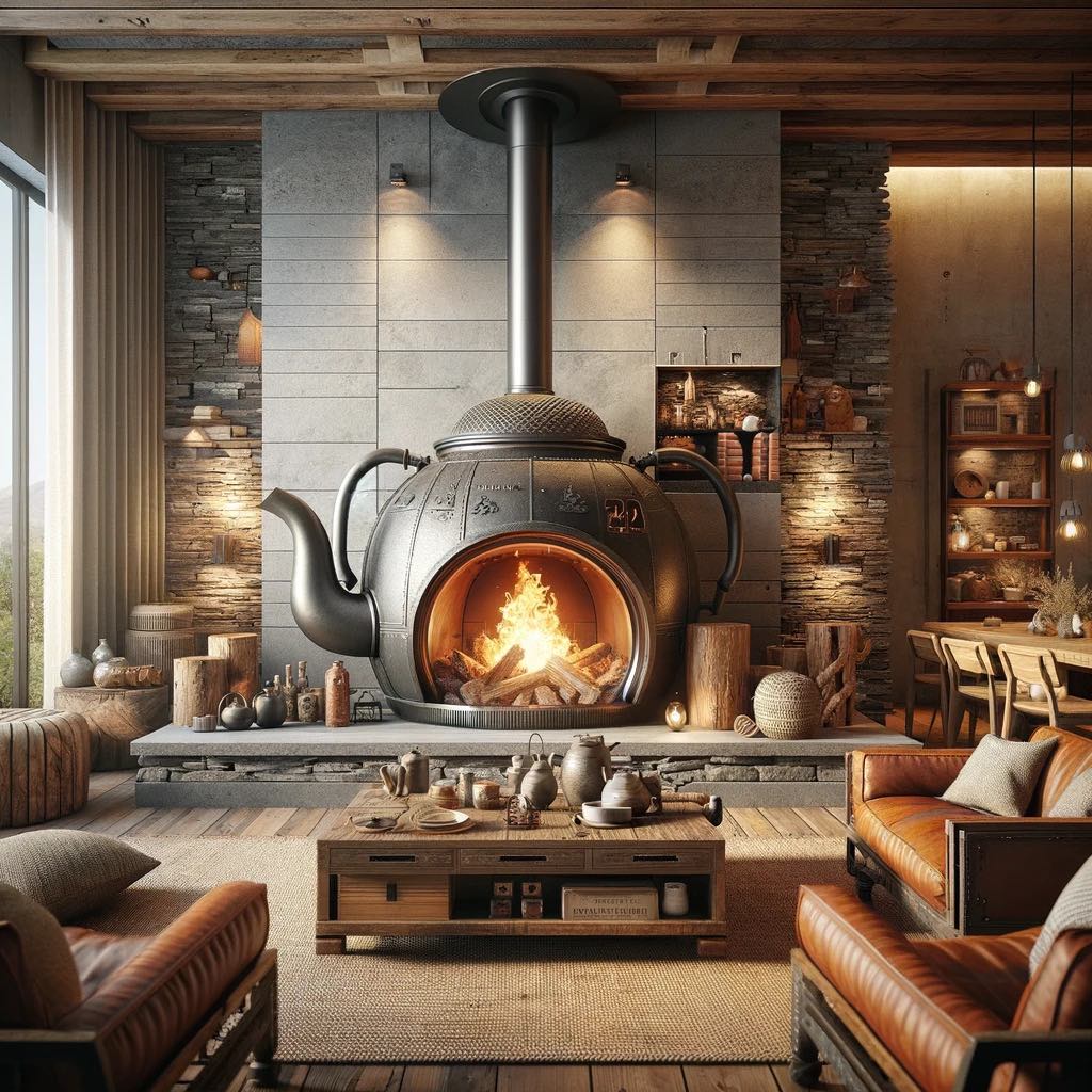 A rustic teapot fireplace in a room with stone and wood accents