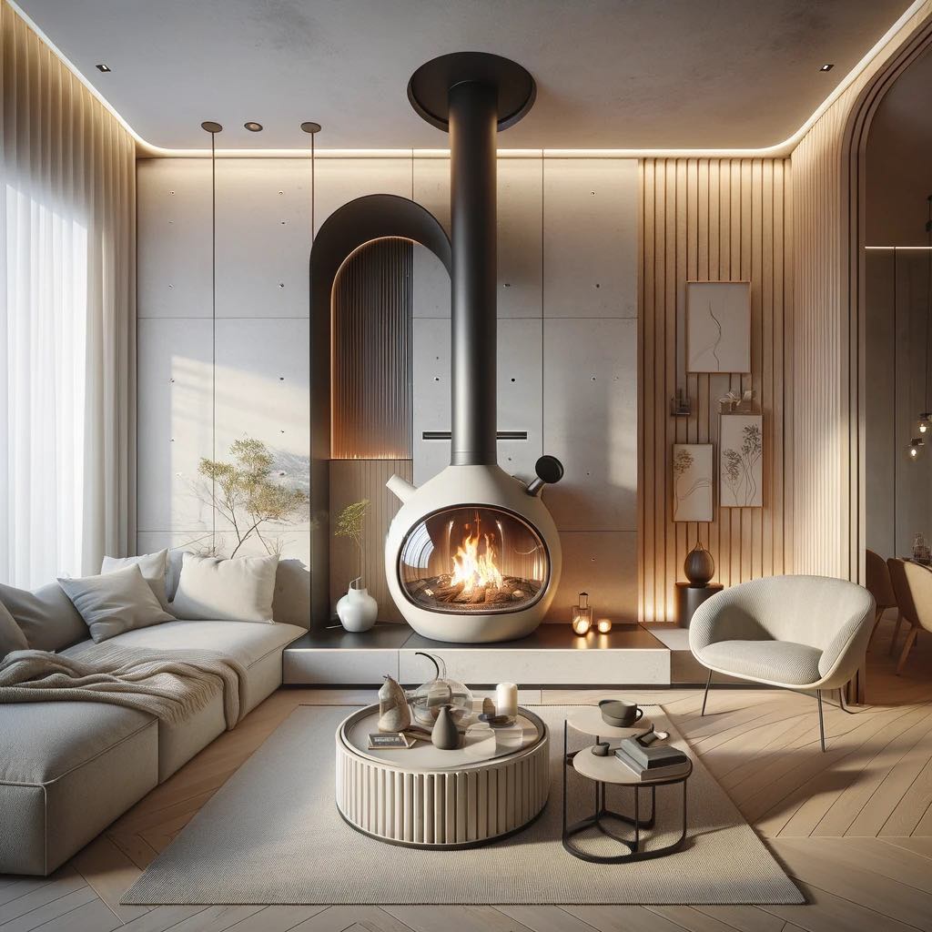 A chic teapot fireplace in a modern home with elegant furnishings