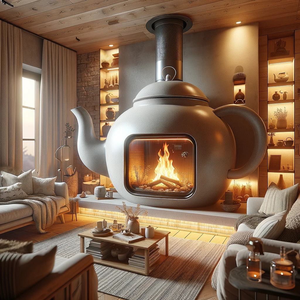 A homely teapot fireplace in a warmly lit, rustic-modern living area