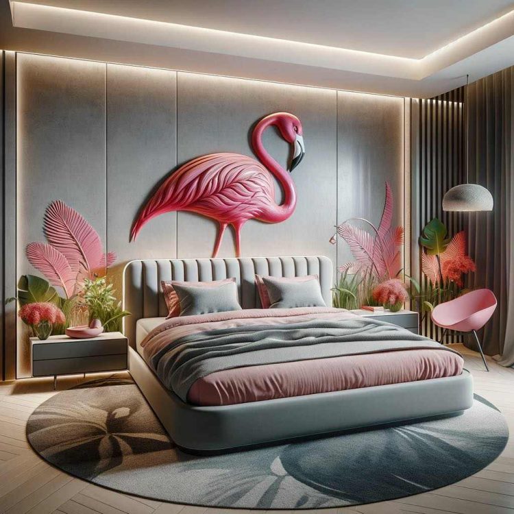 A bedroom that captures the vibrant essence of the flamingo with bold designs and a lush backdrop of tropical foliage.