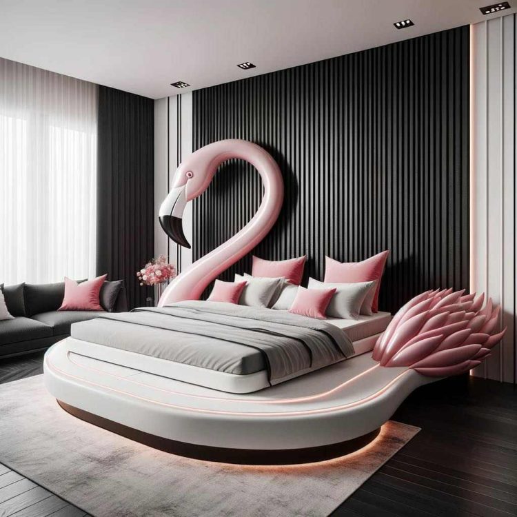 A bedroom merging modern luxury with the chic silhouette of a flamingo, framed by contemporary elegance.