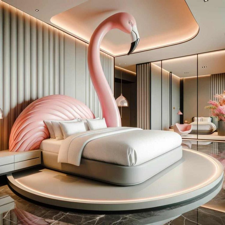 A stylish bedroom that celebrates the art of avian design with a sculptural flamingo bed as its centrepiece.