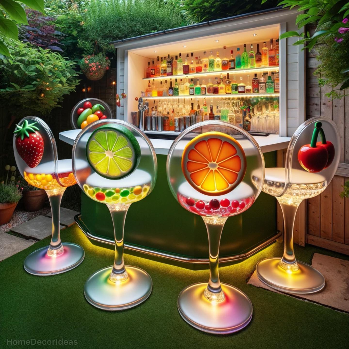 Colorful fruit-themed outdoor bar stools in the shape of strawberry, lime, orange, and cherry set against a well-stocked home bar in a lush garden.