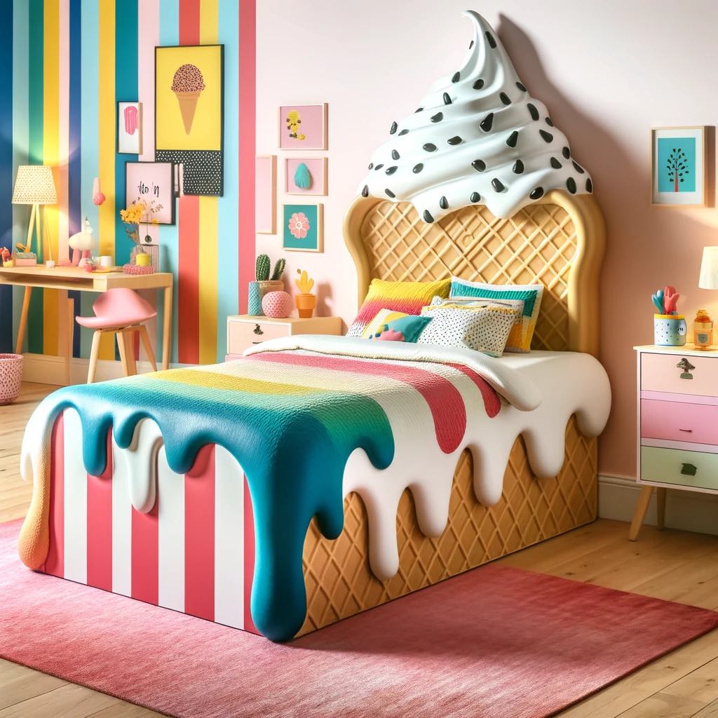 Children's bedroom featuring a single bed styled like a vanilla ice cream cone with a waffle texture and a melted blanket top