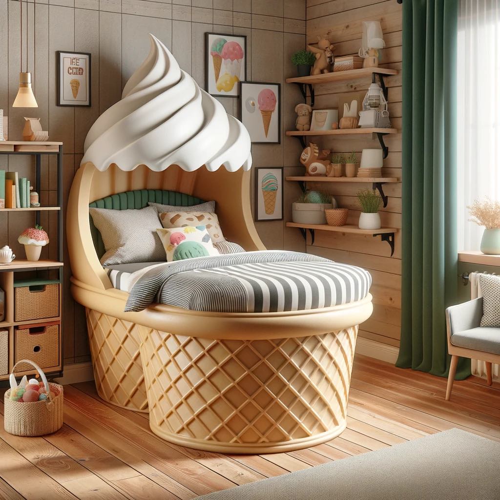 Round bed for children with a whipped cream design and a conical waffle base, complemented by ice cream-themed decor