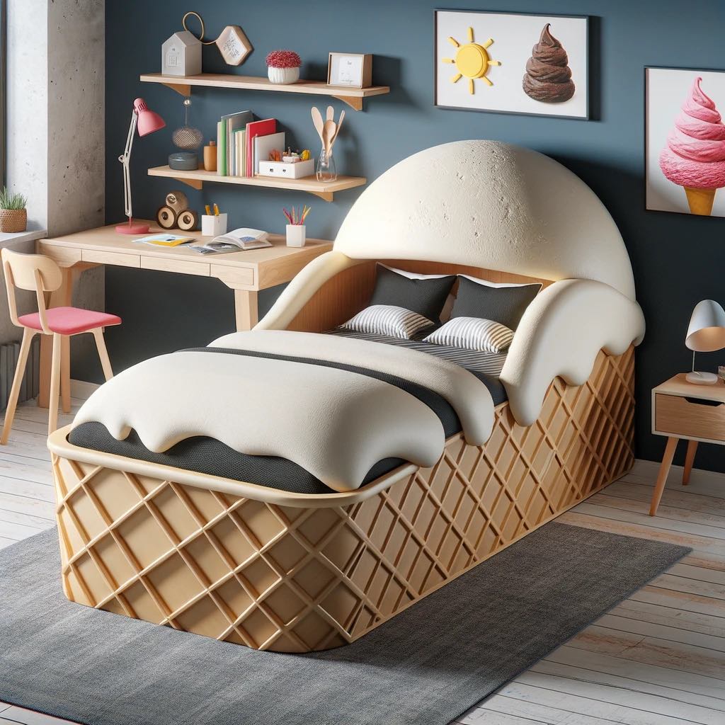 An innovative bed design shaped like a chocolate ice cream scoop with a biscuit headboard, complete with matching room decor
