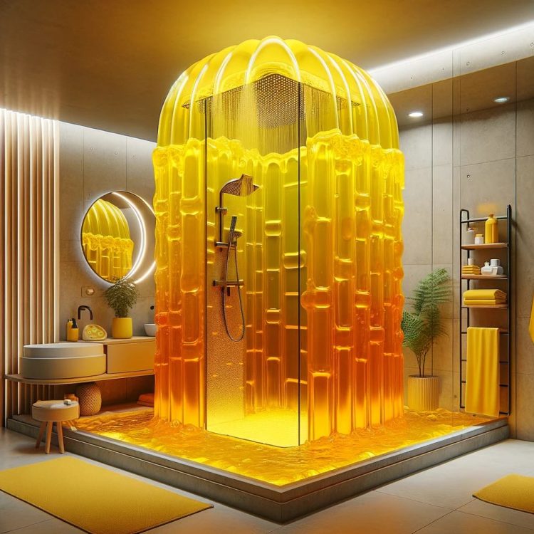 An innovative yellow jelly shower enclosure radiating a warm glow in a luxury bathroom setting.