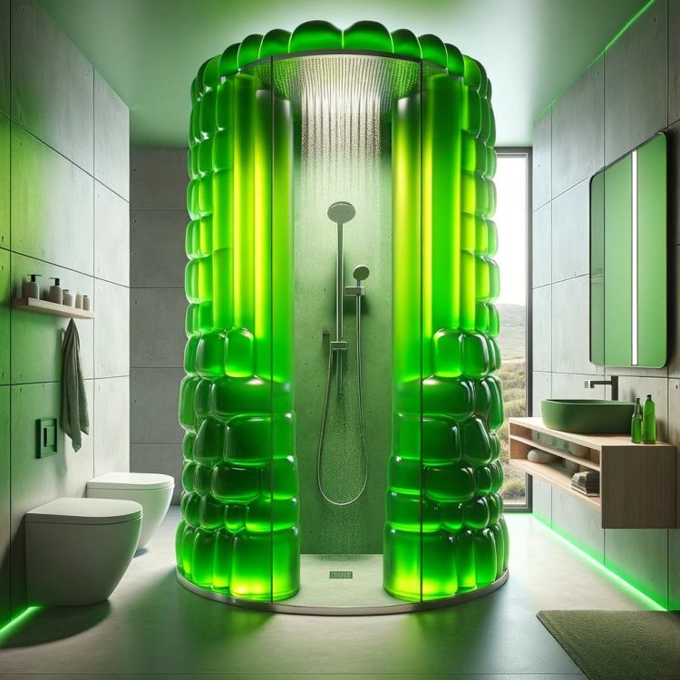 A modern bathroom featuring a green jelly shower structure with a vibrant, luminous effect.
