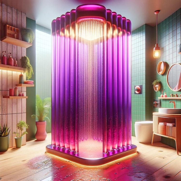 A futuristic purple jelly shower with a soothing light, set in a contemporary bathroom.