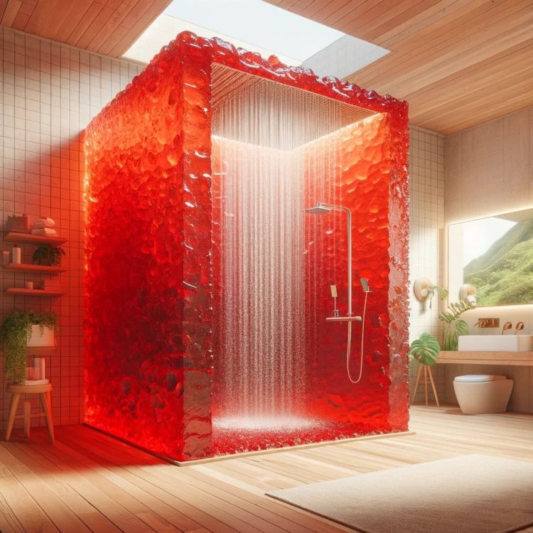 A dazzling red jelly shower bathed in a bright glow, enhancing the modern bathroom's ambiance.