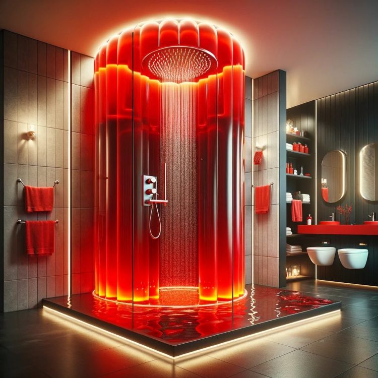 A warm, red-toned jelly shower creating an inviting atmosphere in a stylish bathroom.