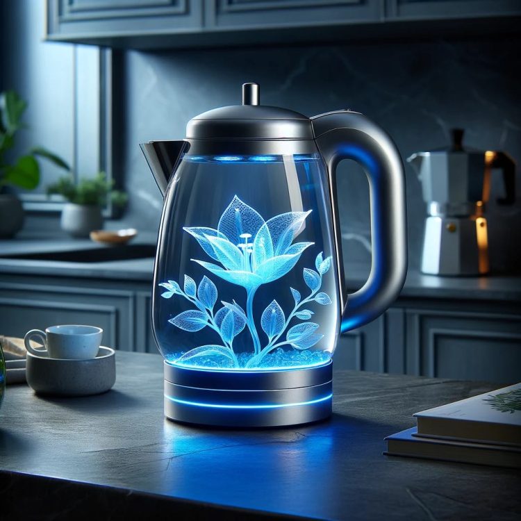 A modern electric kettle glowing with a blue LED light, highlighting an intricate lotus design, blending tranquility with technology.