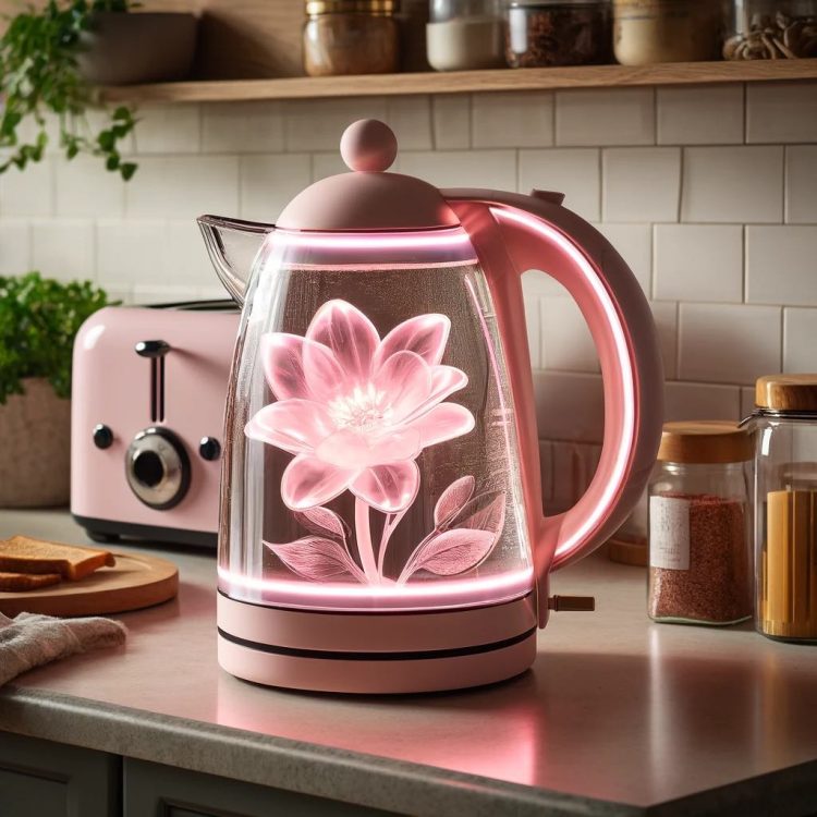A chic electric kettle with a warm pink glow, featuring a radiant floral etching, marrying everyday functionality with the beauty of nature.