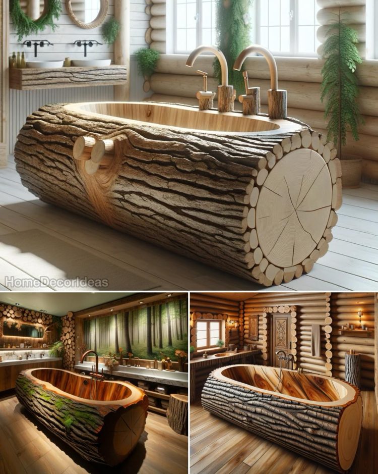 A rustic bathroom showcasing a bathtub carved from a large log, combining rugged bark textures with a smooth interior, complemented by wooden sinks and greenery.
