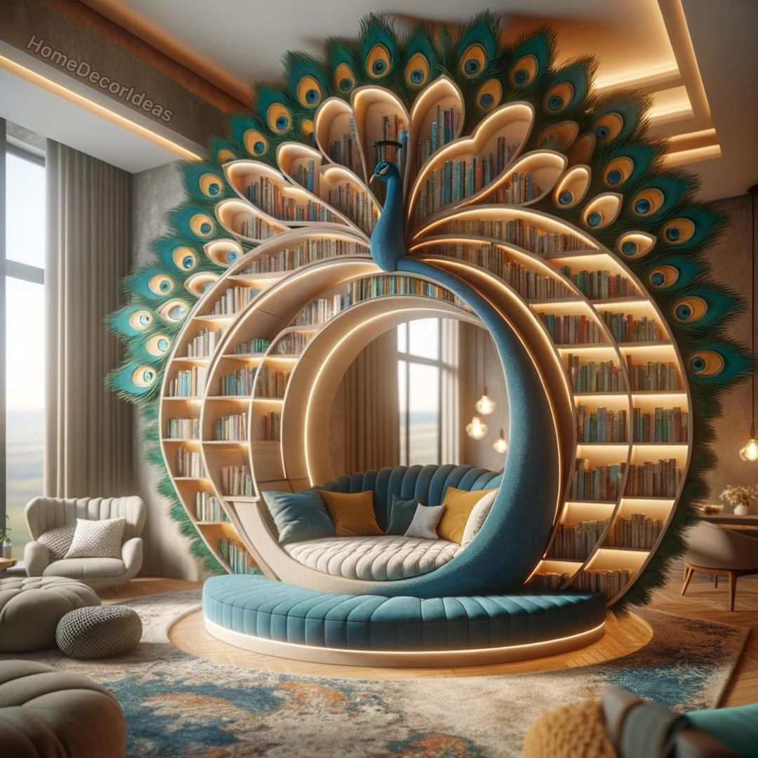 A majestic bookcase in the likeness of a peacock's tail, encompassing a plush seating area, blending grandeur with the love of reading.
