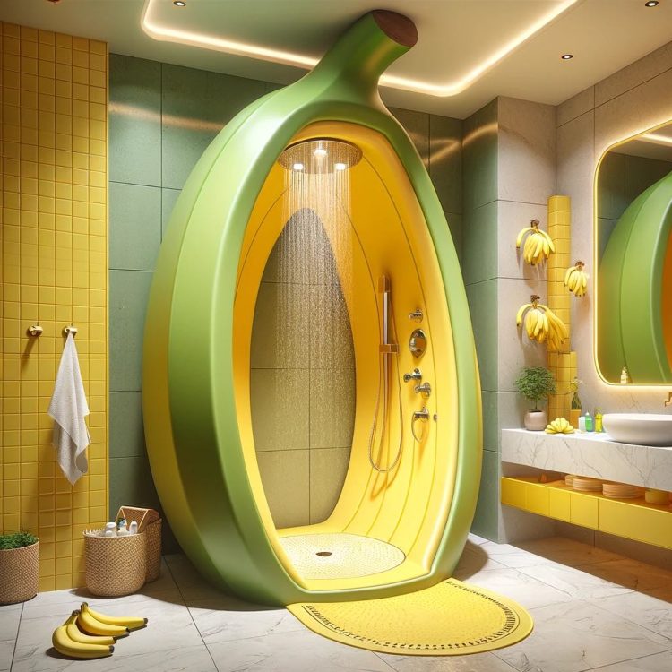 A bathroom with a shower structure designed to resemble a peeled banana in a playful yellow theme.