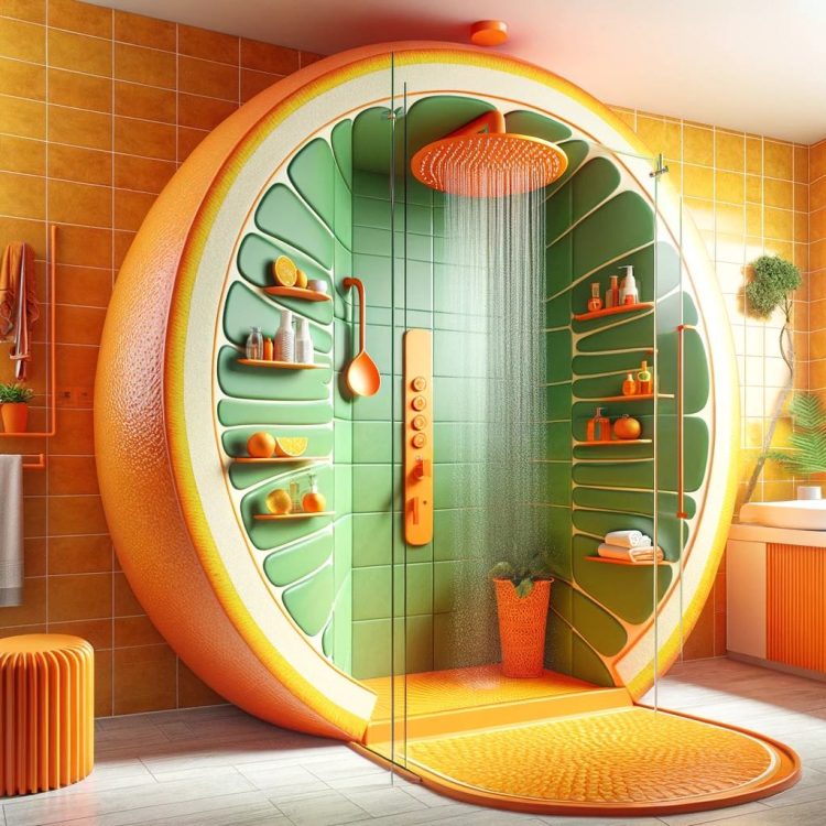 An orange-inspired shower design, with half-slice walls and citrus accents in a vibrant bathroom.