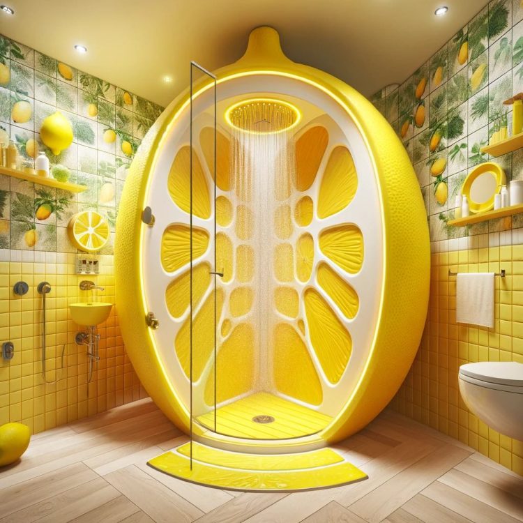 A lemon-slice inspired shower in a bright and sunny bathroom with citrus motifs.