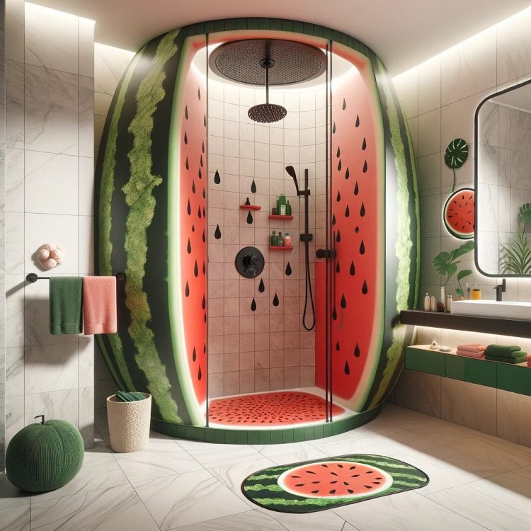 A refreshing watermelon-themed shower space with green rind and red flesh design accents.