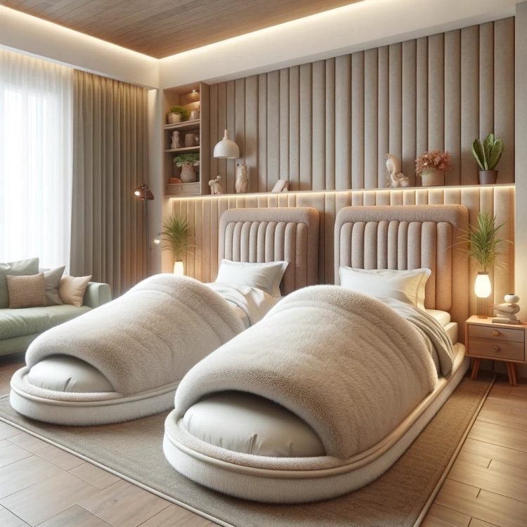 A modern bedroom featuring beds designed to resemble stylish, oversized slippers, offering a unique blend of comfort and contemporary design.