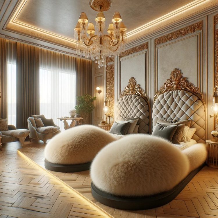 An opulent bedroom boasting plush slipper-shaped beds, where traditional elegance meets playful design.