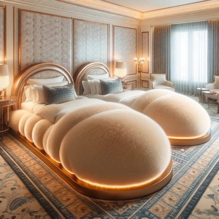 A bedroom with a noble flair featuring unique slipper beds illuminated by soft, ambient lighting.