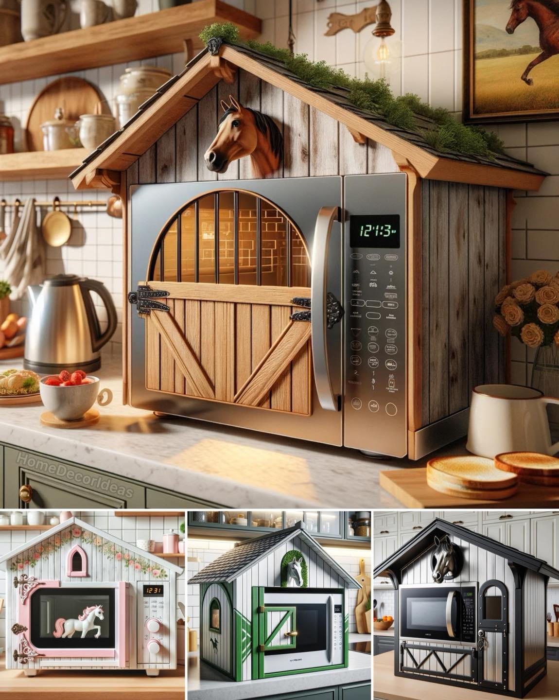 Microwave designed to look like a barn with a horse's head, adding a rustic touch to the kitchen