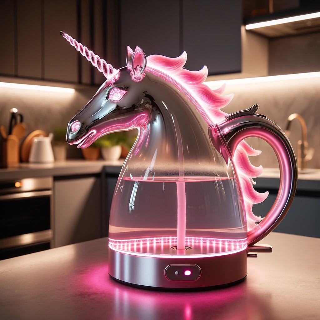 A unicorn-shaped kettle in radiant pink with a soft glow, adding a magical touch to the kitchen.