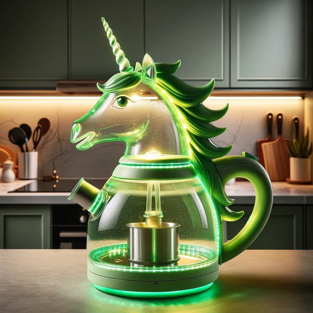 A green unicorn kettle with an emerald glow, reminiscent of an enchanted forest, ready to enchant the kitchen.