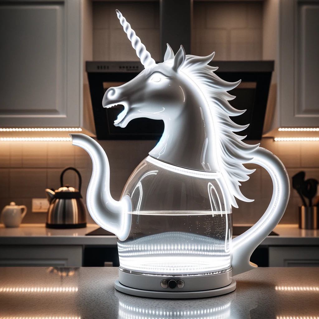 A monochrome unicorn kettle with a luminous mane, bringing a touch of mystic elegance to modern kitchens.
