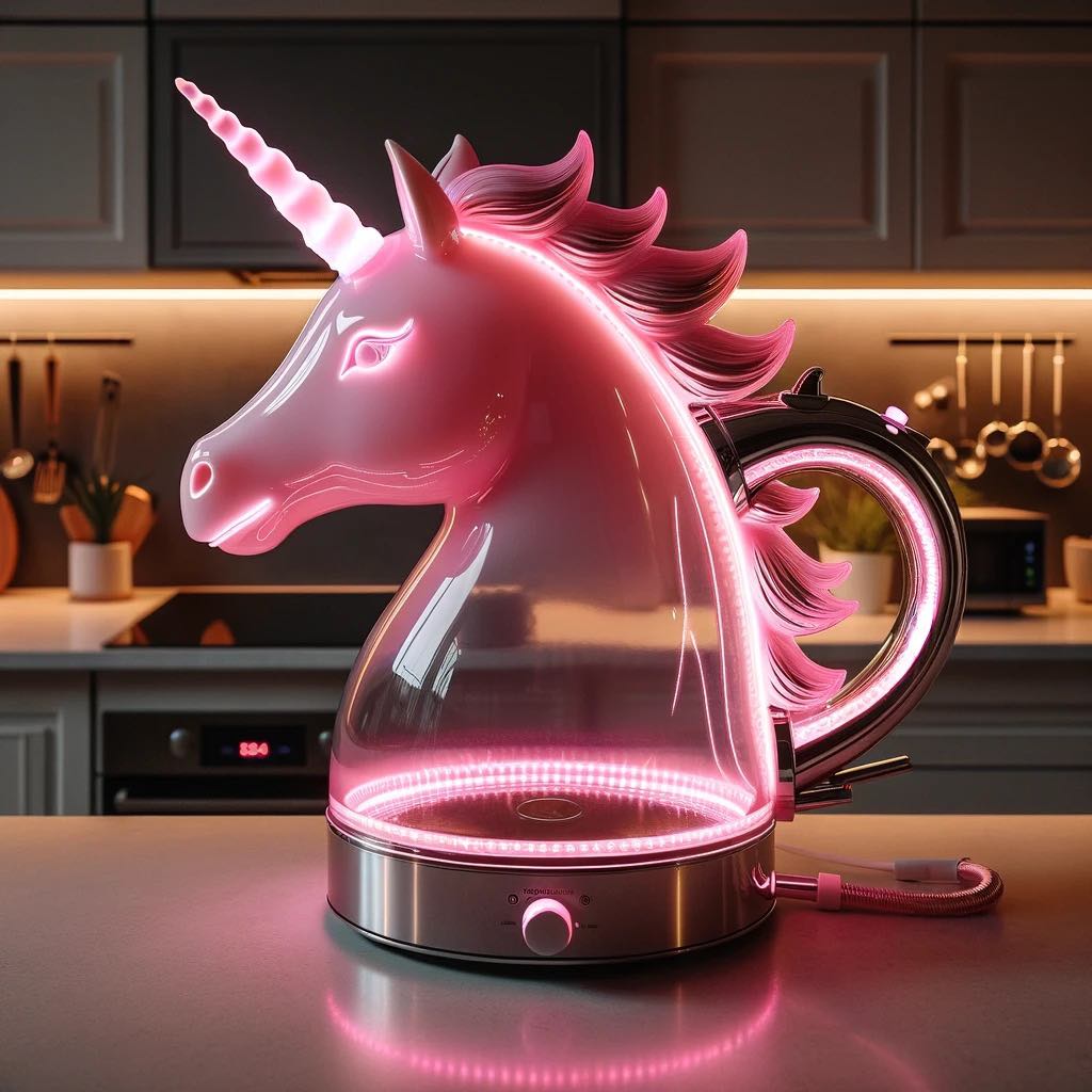 A unicorn kettle with a rosy pink illumination, resembling the first blush of dawn, offering a bright start to the day.