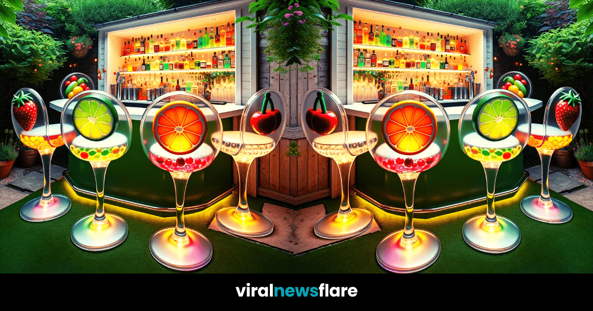 Fruit-themed bar stools illuminated by ambient lighting add a playful touch to an outdoor home bar area in an evening garden setting.