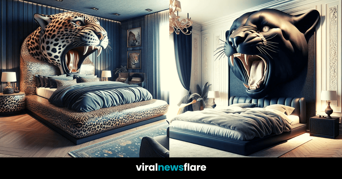 Exquisite bedroom featuring a bed with a striking 3D leopard headboard design and matching animal print bedding.