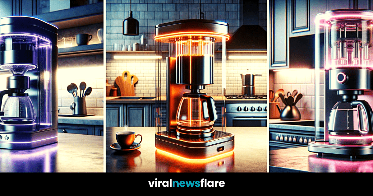Three high-end coffee machines with neon blue, orange, and pink lighting accentuate a modern kitchen's ambiance, blending functionality with futuristic decor.