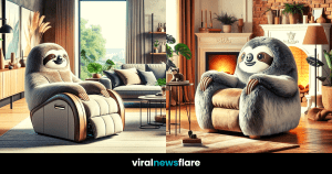 A cozy and inviting living room scene dominated by an adorable sloth-shaped armchair, blending playful design with luxurious comfort.