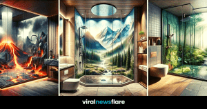 A modern shower featuring a dramatic mural of an erupting volcano with flowing lava, creating a bold and energising ambiance.