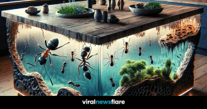 A kitchen island with a realistic ant colony design featuring detailed ants and tunnels, illuminated by under-counter lighting for a dramatic effect.