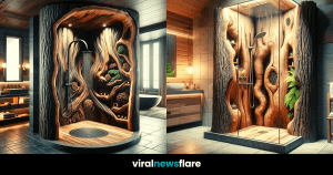 An opulent bathroom shower designed to replicate the ethereal beauty of a natural waterfall, marrying the tranquillity of a forest retreat with the elegance of contemporary design.